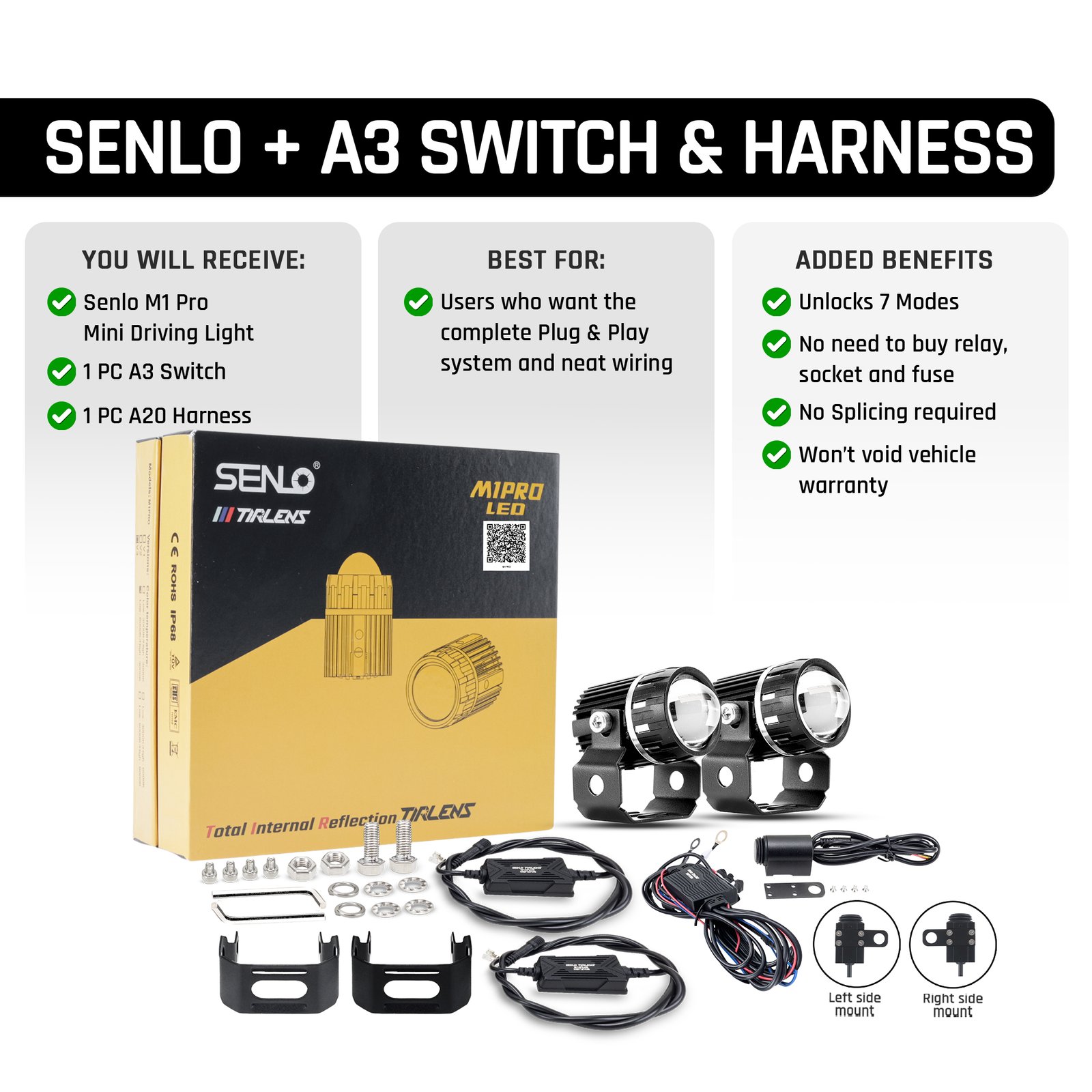 SENLO M1 Pro V3 mini LED driving lights with A1 switch and relay kit