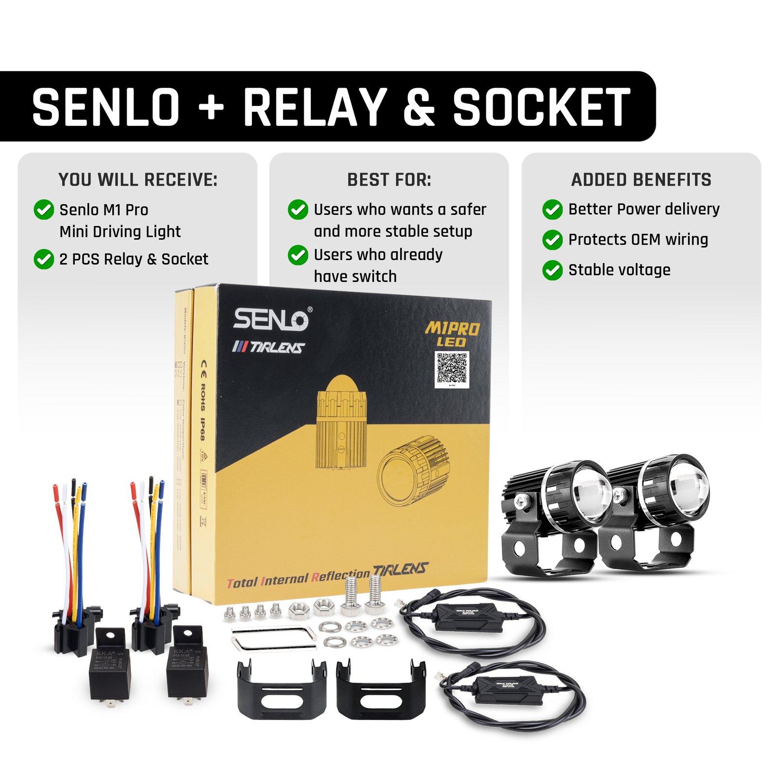 SENLO M1 Pro V3 mini LED driving lights with A3 switch and wire harness