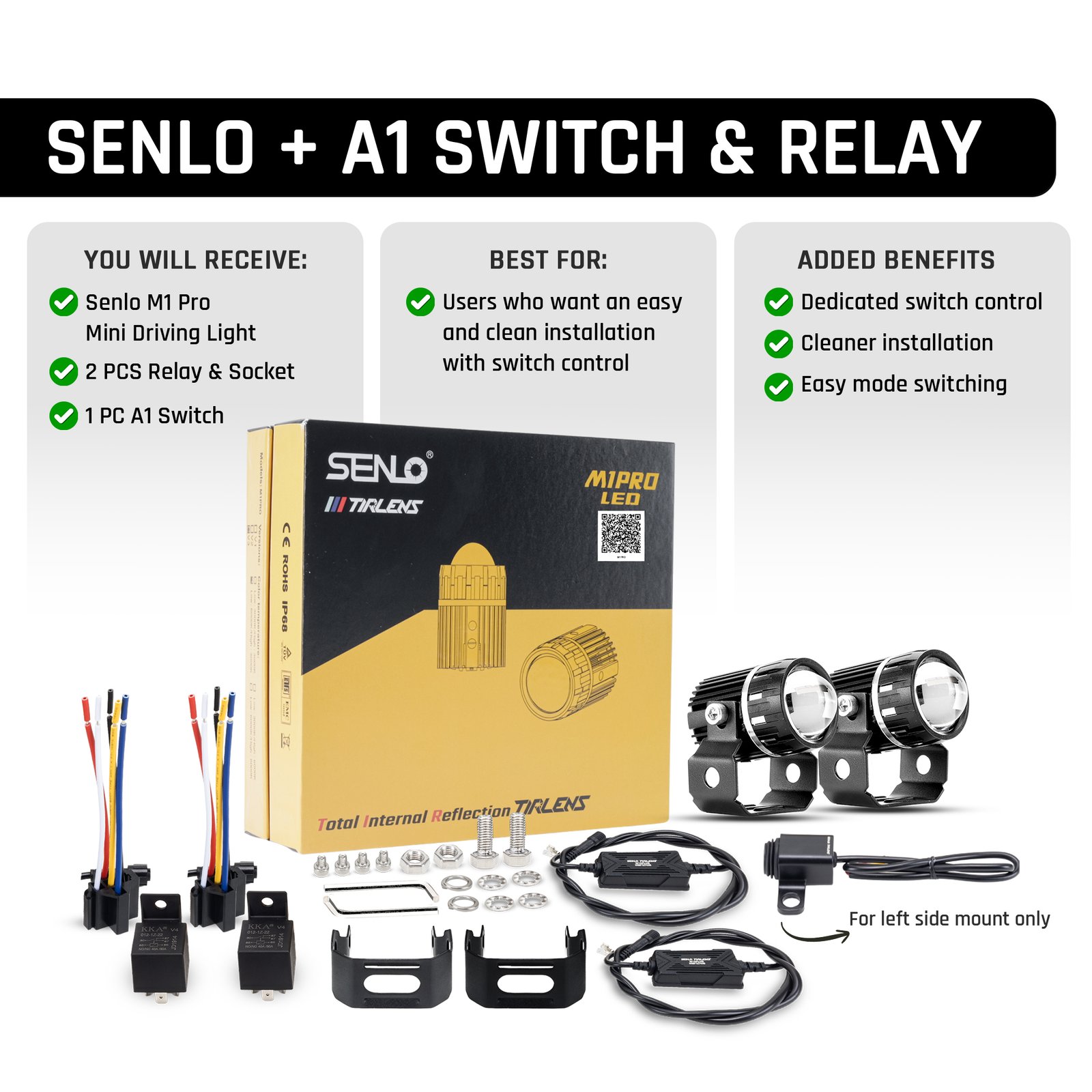 SENLO M1 Pro V3 mini LED driving lights with two relay units