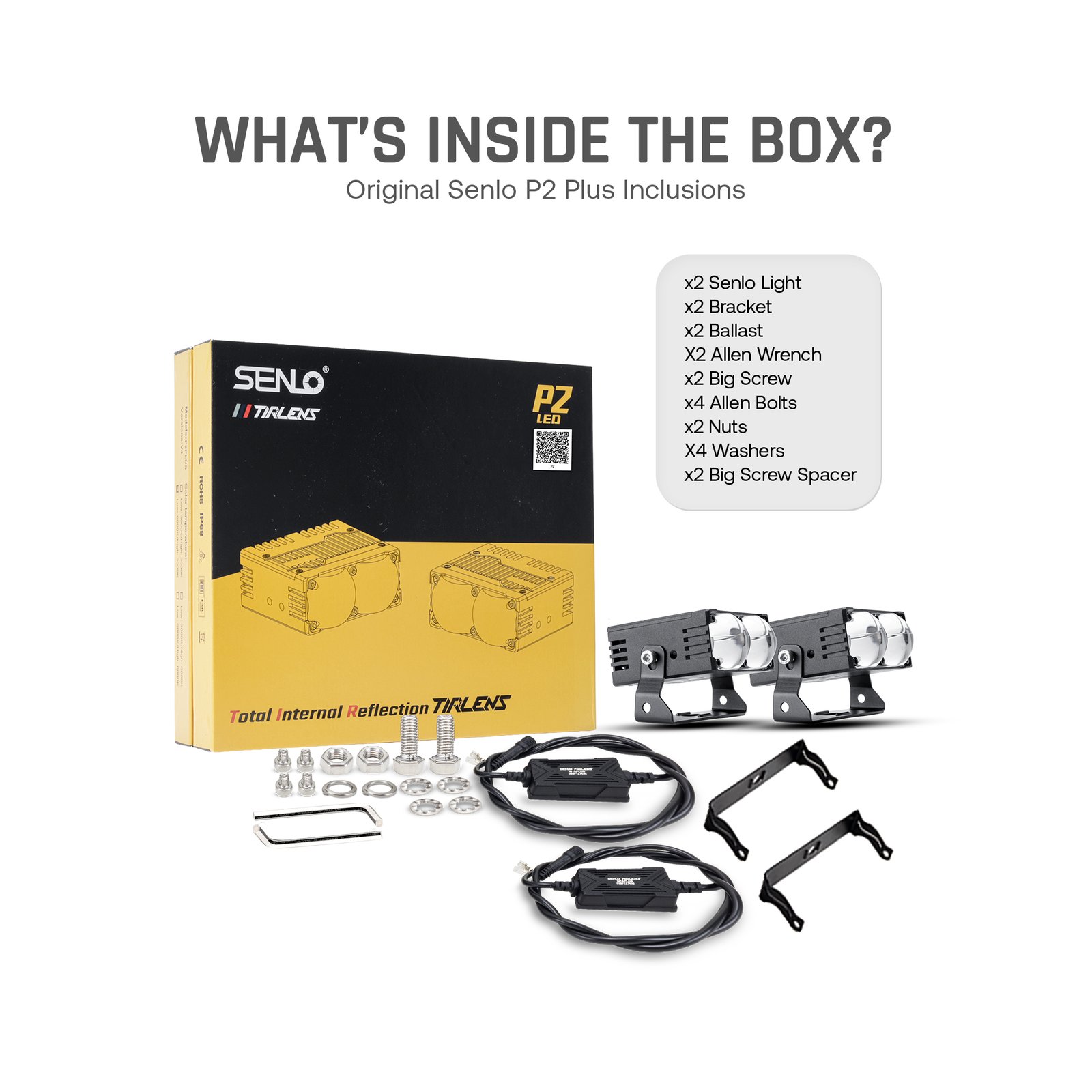 SENLO P2 Plus LED driving light kit with two lights, brackets, ballasts, mounting hardware, and Allen wrench