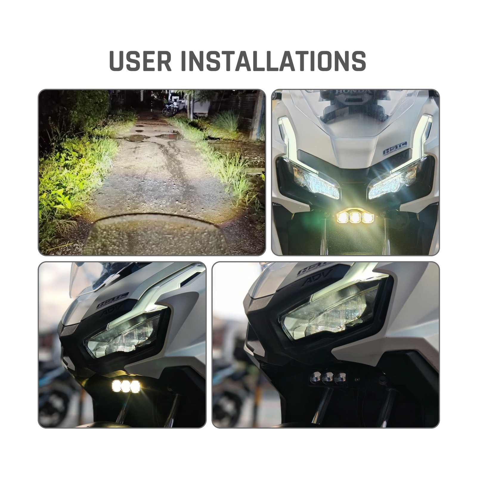 SENLO P2 Plus auxiliary driving lights installed on a Honda motorcycle, showing the lights illuminated