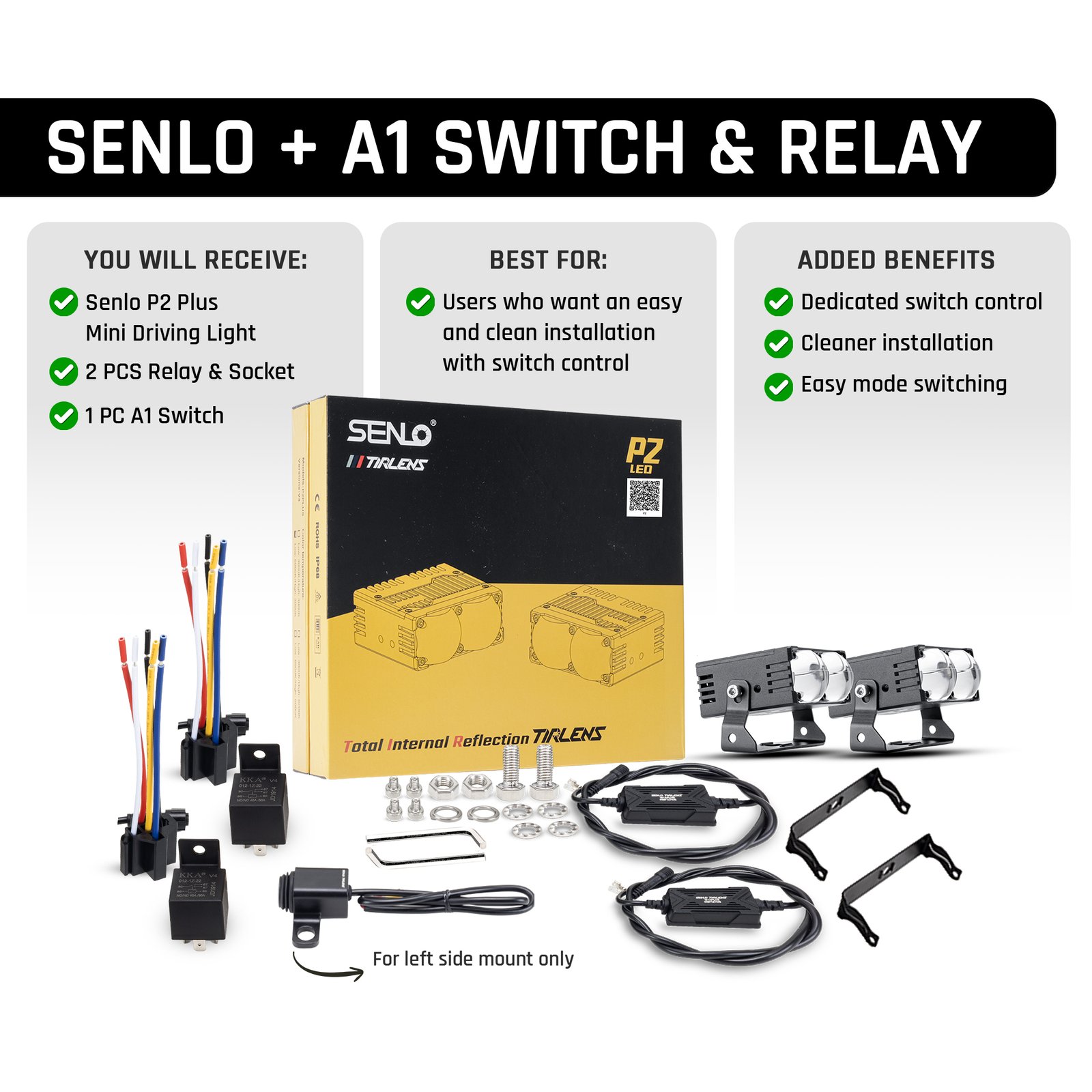 SENLO P2 Plus LED auxiliary driving lights with A1 switch and relay kit