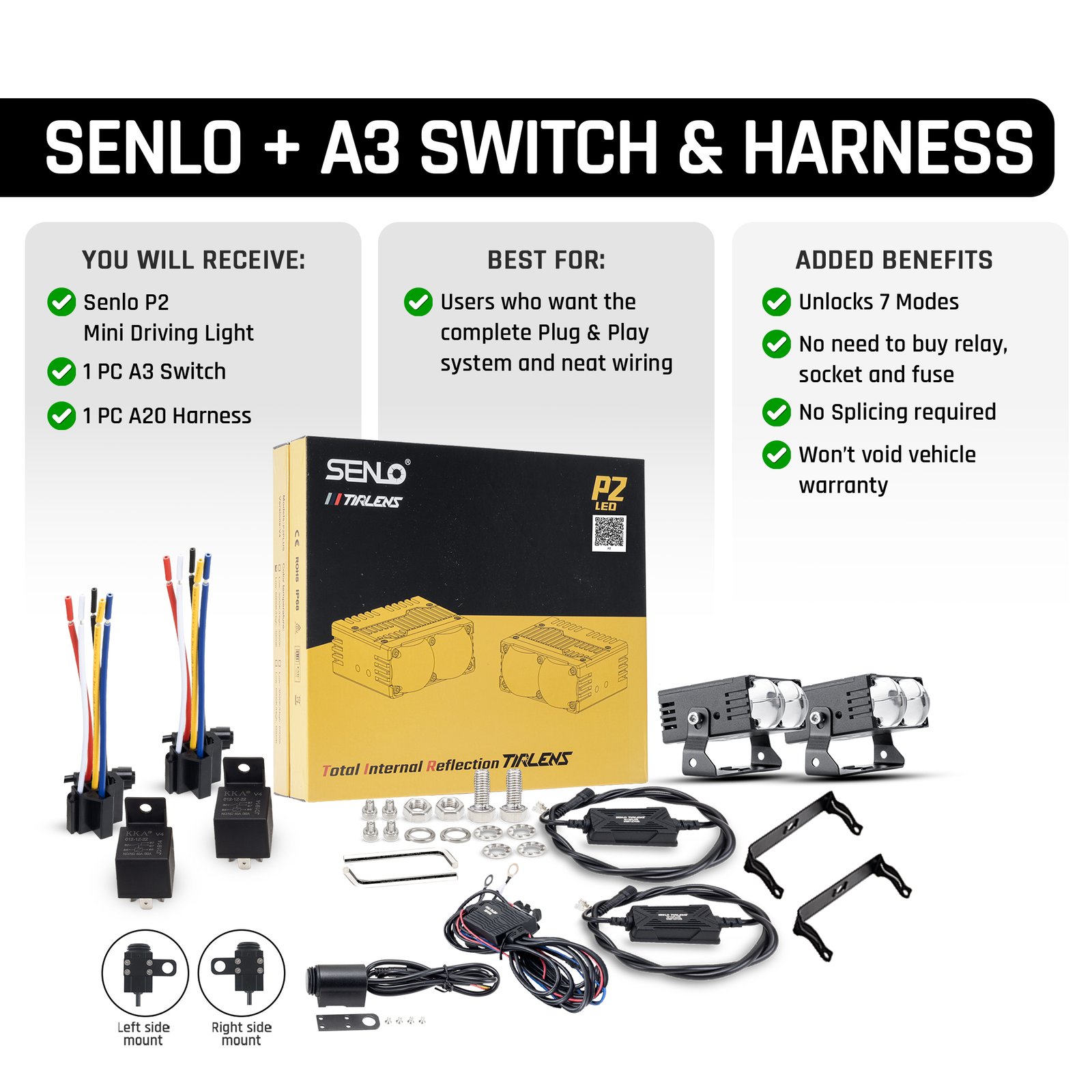 SENLO P2 Plus LED auxiliary driving lights with A3 switch and wire harness