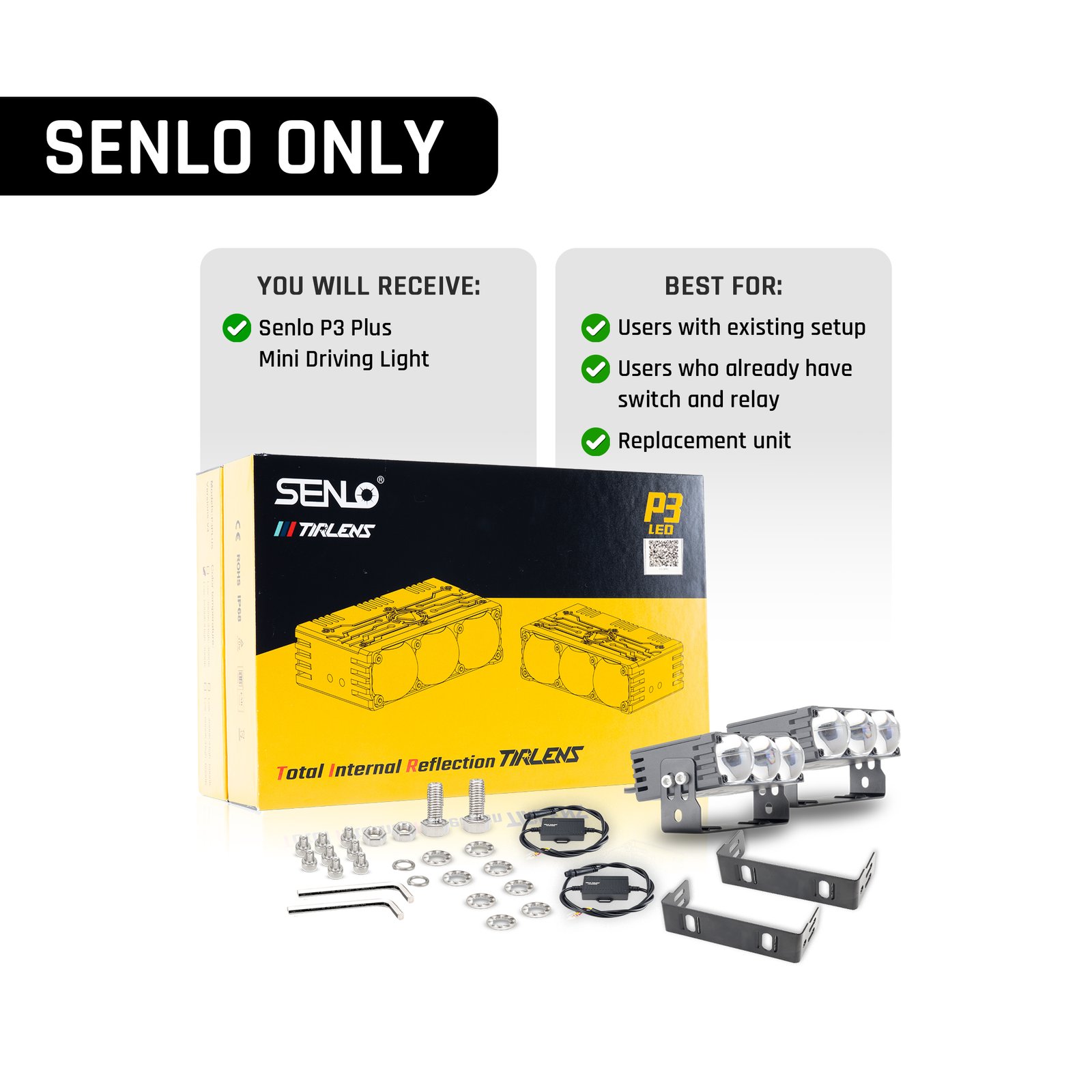 SENLO P3 Plus V2 mini LED driving light package without additional switch or wiring harness accessories