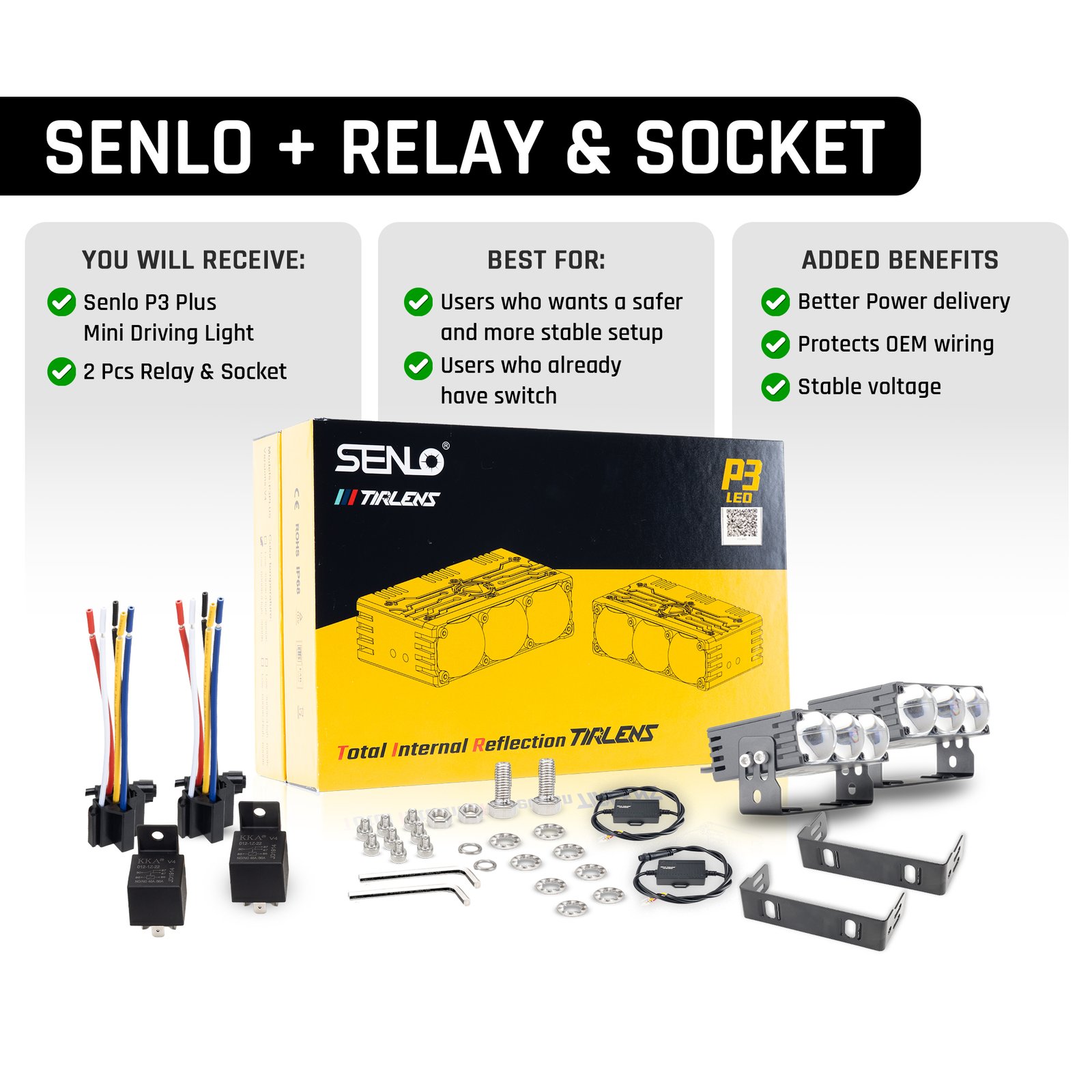 SENLO P3 Plus V2 mini LED driving light package with two relay units