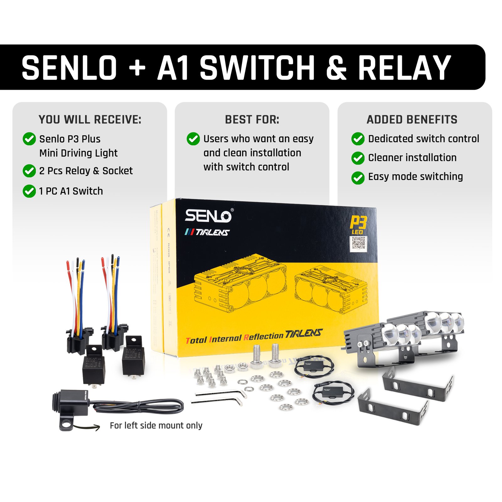SENLO P3 Plus V2 mini LED driving light with A3 switch and compatible wire harness