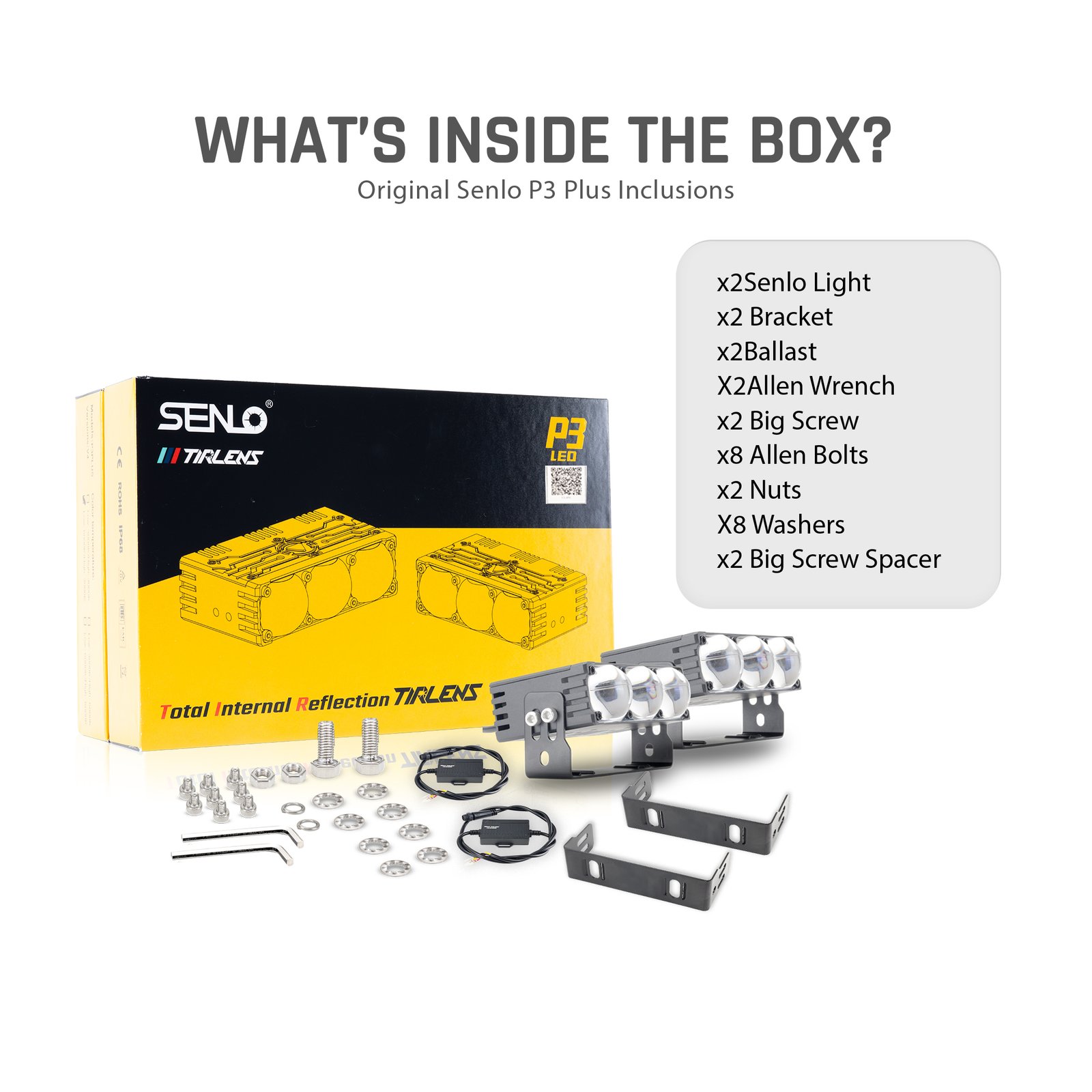 SENLO P3 Plus V2 mini driving light kit with mounting bracket, ballast, and installation accessories