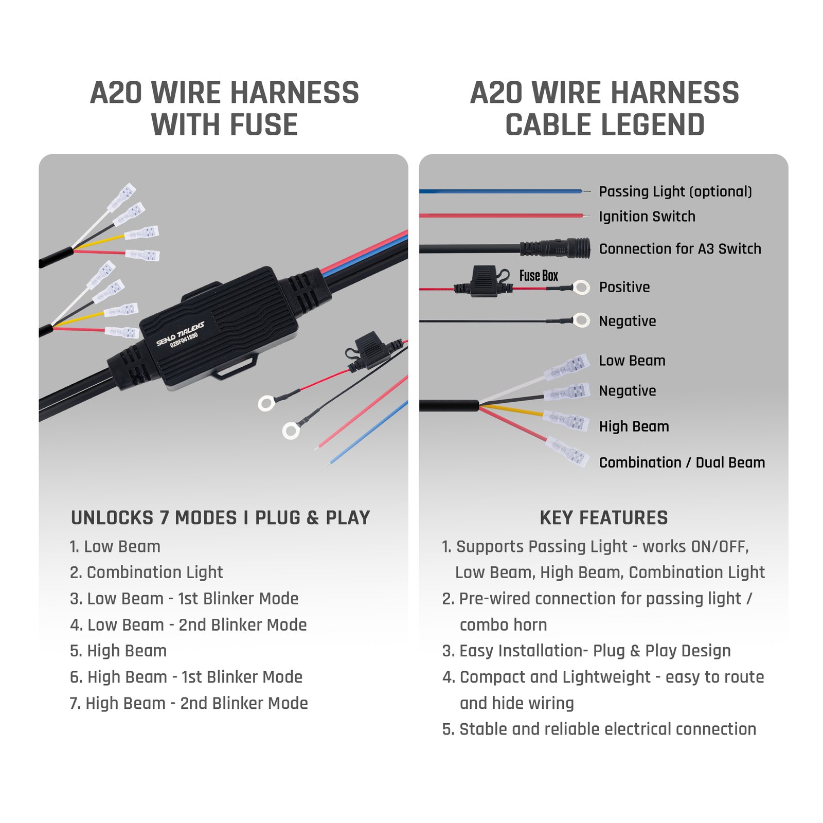SENLO P3 Plus V2 compatible wiring guide showing power, ground, switch, and auxiliary light connections